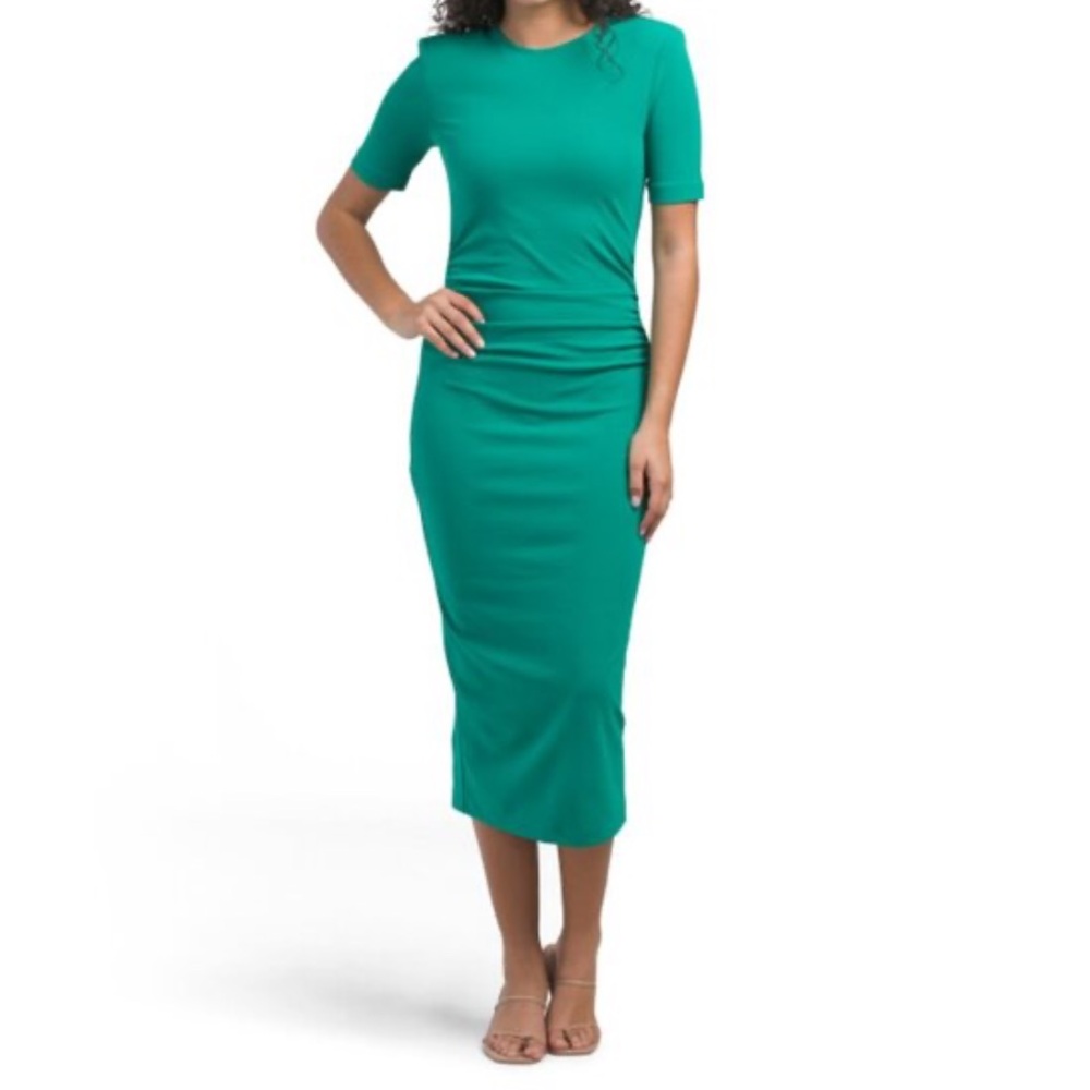 Zara short sleeve ruched bodycon midi Dress patched‎ shoulder slits back